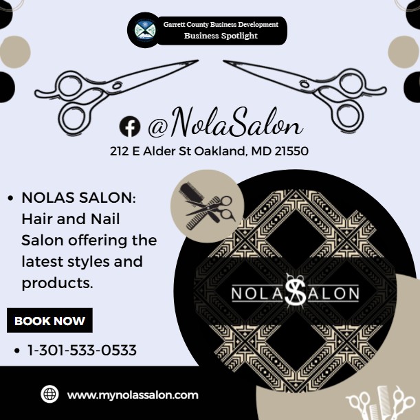 Todays Business Spotlight 💇 is on Nolas Salon!
Visit them at www.mynolassalon.com or NOLAS SALON
Follow us to see more daily Garrett County Business Spotlights!
If you are interested in having your business featured contact Connor Norman at cnorman@garrettcountymd.gov. #businessdevelopment #garrettcountymd